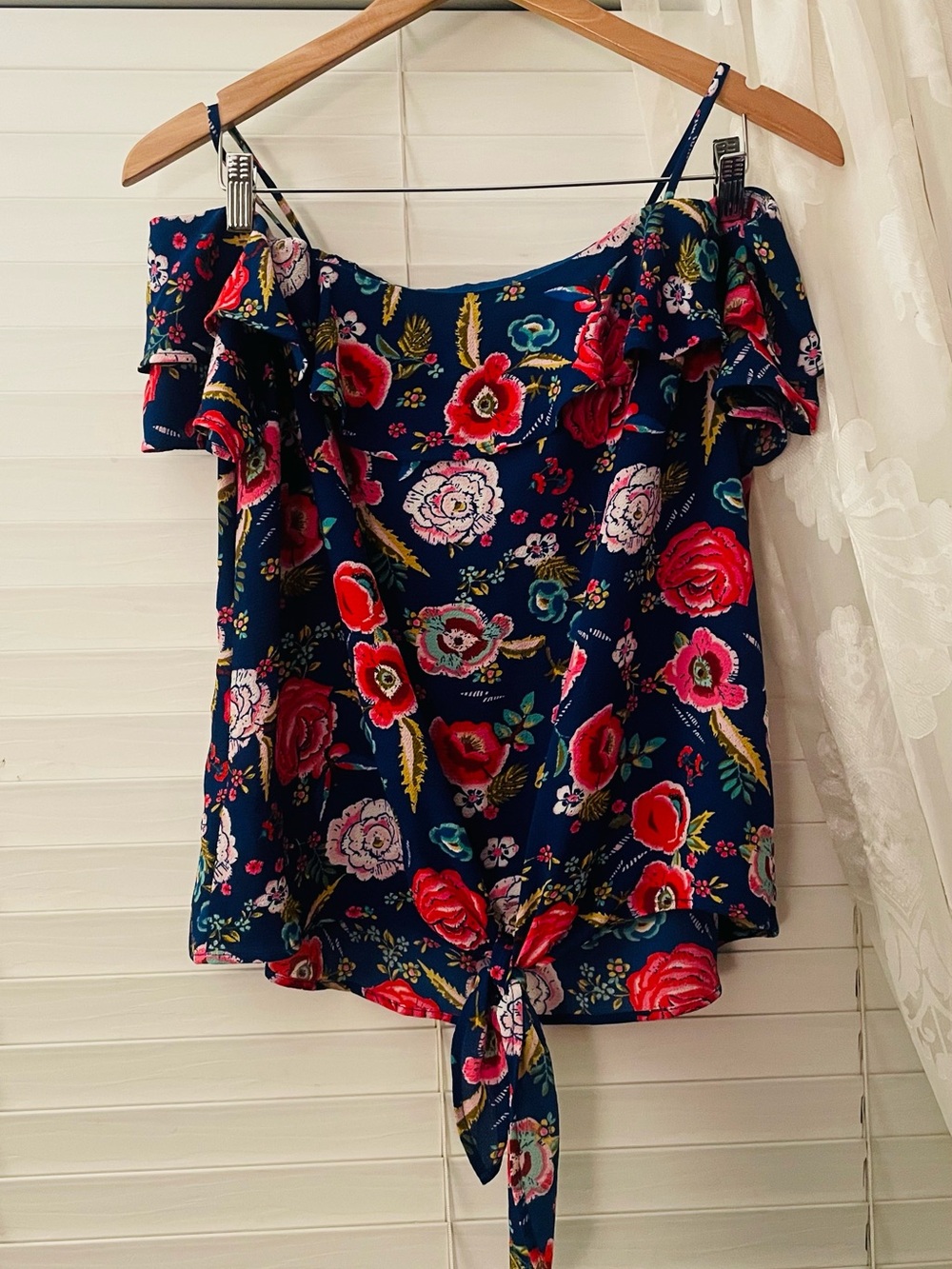 Monteau Navy Floral Off-Shoulder Tie-Front Blouse